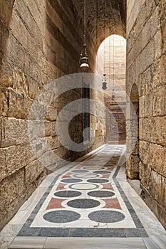 Corridor leading to the Courtyard of Sultan Barquq mosque, Old Cairo, Egypt