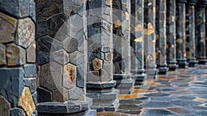 a corridor lined with hexagonally patterned stone pillars