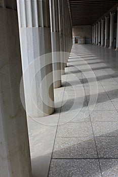 Corridor of the main floor of the Stoa of Attallos monument in Athens, Greece