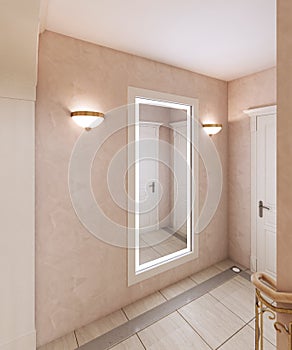 Corridor with a mirror and a staircase to the second floor in a classic style. Wooden steps and bronze handrails