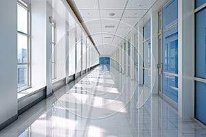 the corridor of a modern office building showing white walls with Generative AI