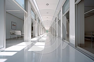 the corridor of a modern office building showing white walls with Generative AI