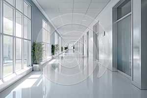 the corridor of a modern office building showing white walls with Generative AI