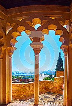 The corridor of Nasrid Palace, Malaga, Spain