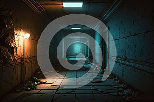 Corridor in old abandoned building, scary dark underground passage, generative AI