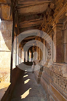 Corridor with pillars Parikrama , Durga temple, Aihole, Bagalkot, Karnataka, India. The Galaganatha Group of temples.