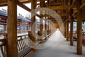 Corridor in roofed wood bridge