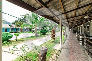 Corridor and rooms of a holiday camp campus for large host group