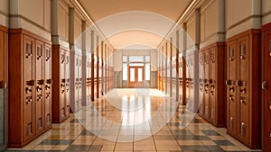 Corridor of a school brimming with orange lockers, educational. Generative AI photo