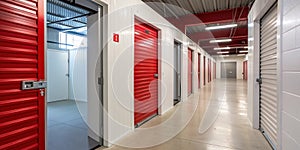 Corridor of self-storage unit with red doors
