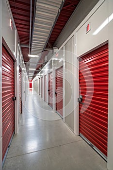 Corridor of self-storage unit with red doors