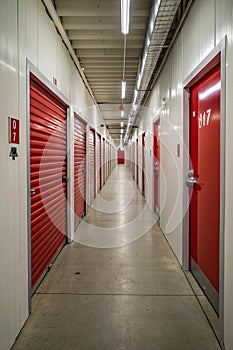 Corridor of self-storage unit with red doors