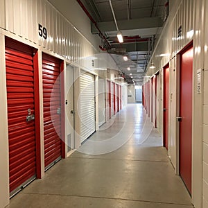Corridor of self-storage unit with red doors photo
