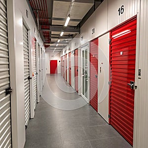 Corridor of self-storage unit with red doors