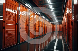 Corridor of self storage unit with yellow doors. Rental Storage Units
