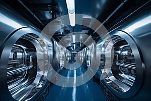 A corridor with a series of large, cylindrical autoclaves in a clean and futuristic industrial environment, illuminated
