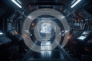Corridor in spacecraft, interior of spaceship or space station, generative AI