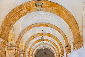 Corridor surrounding inner courtyard at the monastery of Santa Clara a Nova at Coimbra, Portugal