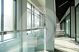 A corridor in an urban-type office building. Modern interior of the lobby of an office building with glass doors, walls and large