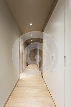 Corridor with white wardrobe. Interior of modern apartment