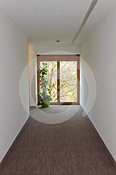 Corridor with wooden window at the end