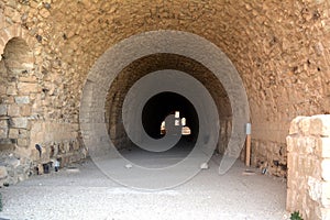Corridors of Al Karak Castle in Jordan with embrasures