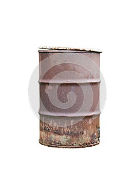 Corroded metal barrel with open lid side view isolated