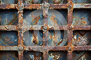A corroded metal grate with multiple layers of rust and grime, showing signs of decay and neglect, Corroded metal grate with photo