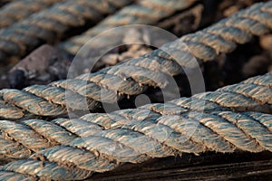Corroded Twisted ship mooring strong rope for securing fishing boats