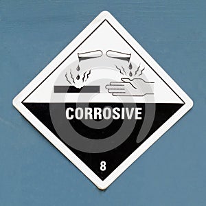 Corrosive hazard symbol warning sign on blue