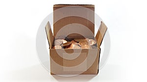 Corrugated cardboard box open with American one cent coins inside on white background