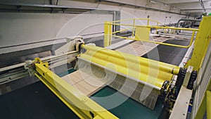 Corrugated cardboard moves along the conveyor belt and is automatically stacked