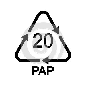 Corrugated fiberboard or cardboard recycling sign in triangular shape with arrows. 2 PAP reusable icon isolated on white