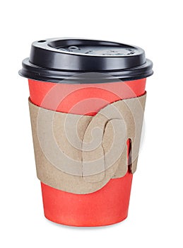 Corrugated paper collar for thermal insulation of a hot drink in a red Cup made of biodegradable cardboard and hand