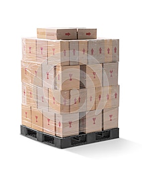 Corrugated paperboard carton wraping and stack on plastic pallet
