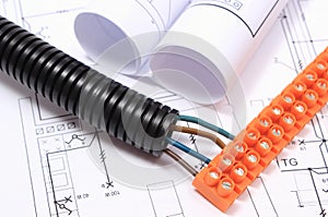 Corrugated pipe and electrical cable with connection cube on drawing