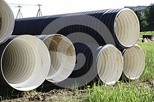 Corrugated plastic pipes at a construction site