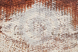 Corrugated rhombic rolled steel sheet with rust. White painted metal. Rusty metal texture background. Rust stains a lot