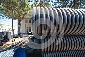 Corrugated water pipes of large diameter prepared for laying