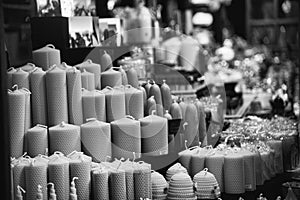 Corrugated wax candles on a shelf