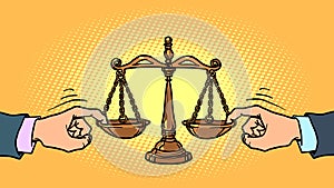 corrupt court concept. Politicians influence the judge. scales of justice, a symbol of judicial power and an honest