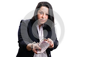 Corrupted businesswoman wearing suit offering bribe money