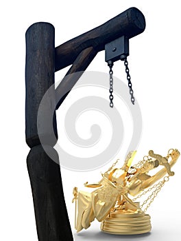 Corrupted goddess of law and justice below the gallows 3D rendering
