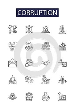 Corruption line vector icons and signs. Malfeasance, Scam, Deceit, Greed, Unethical, Misuse, Extortion, Avarice outline photo