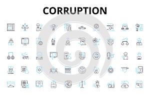 Corruption linear icons set. Bribery, Extortion, Nepotism, Embezzlement, Fraud, Graft, Kickbacks vector symbols and line