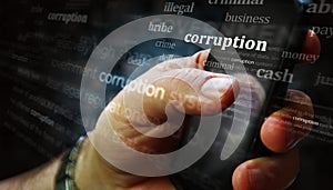 Corruption news titles on screen in hand 3d illustration