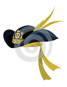 Corsair or pirate hat. Pirate fancy dress, design element. Buccaneer or carnival costume hat. Sea piracy cap fashion