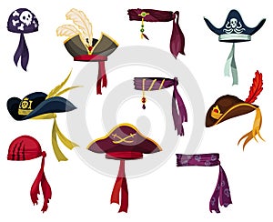 Corsair and pirate hats. Pirate fancy dress, design elements. Buccaneer or corsair carnival costume hats. Sea piracy cap