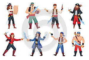 Corsairs characters. Cartoon pirates character, people in pirate costume corsair captain with hook hand sea rover happy