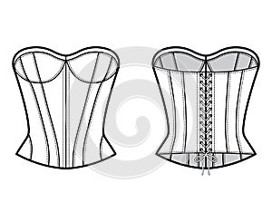 Corset-style top technical fashion illustration with fitted body, scoop strapless neckline, lacing back.